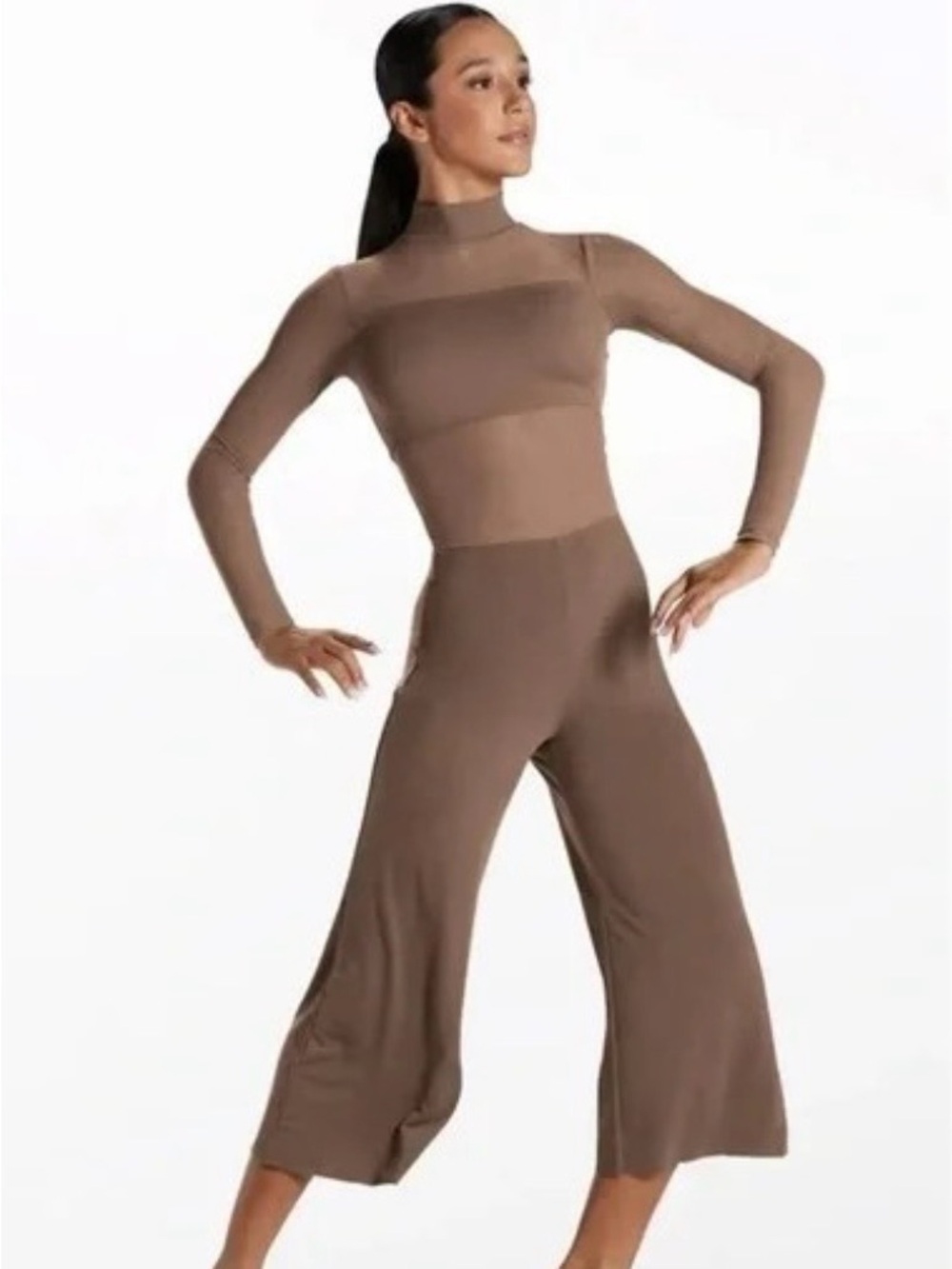 Weissman Balera Mocha Culotte Unitard Jumpsuit Mesh Mock Neck Dance MA